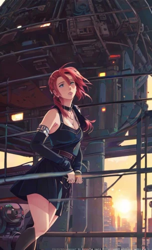 transistor,nora,transistor checking,refinery,cg artwork,scarlet sail,fire escape,asuka langley soryu,sci fiction illustration,game illustration,black widow,the girl at the station,dusk background,anime 3d,queen cage,red-haired,shipyard,spiral background,neo-burlesque,cells,Common,Common,Japanese Manga