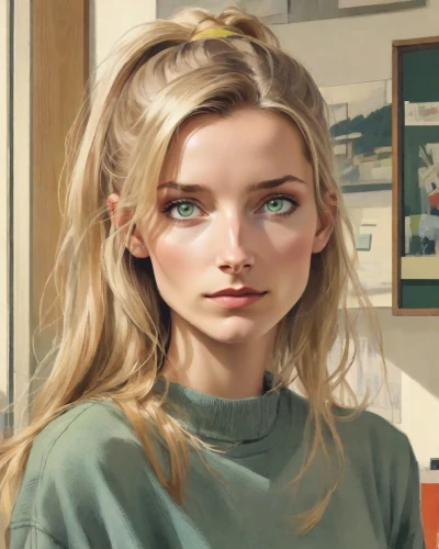 angelica,portrait of a girl,girl studying,the girl's face,digital painting,clementine,girl-in-pop-art,girl at the computer,elsa,blonde woman,girl portrait,blue jasmine,poppy,daphne,marina,blonde girl,girl with cereal bowl,sweatshirt,cgi,young woman,Digital Art,Poster