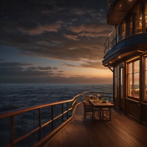ocean view,houseboat,sea fantasy,breakfast on board of the iron,balcony,wood deck,floating restaurant,3d rendering,sky apartment,at sea,floating huts,decking,block balcony,cruise ship,on a yacht,penthouse apartment,seaside view,evening atmosphere,sea view,balconies,Photography,General,Natural