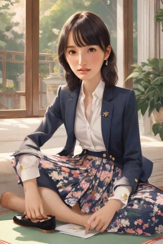 japanese sakura background,navy suit,japanese floral background,secretary,girl sitting,floral japanese,japan,sakura florals,sakura background,japanese idol,pantsuit,flowered tie,sakura,anime japanese clothing,japanese background,tatami,korea,honmei choco,japanese woman,huawei,Digital Art,Character Design