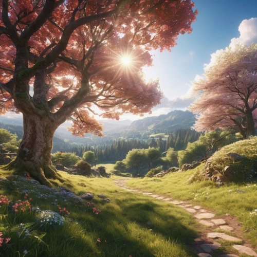 japanese sakura background,springtime background,spring background,sakura trees,sakura background,spring morning,meadow in pastel,landscape background,sakura tree,meadow landscape,fantasy landscape,beauty scene,blooming field,the cherry blossoms,spring blossoms,flowering trees,full hd wallpaper,beautiful landscape,blooming trees,spring sun,Photography,General,Realistic