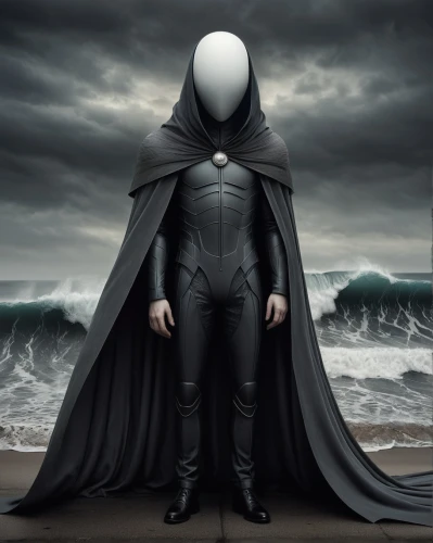 hooded man,headless,suit of spades,caped,humanoid,faceless,supervillain,grim reaper,magneto-optical disk,cloak,sea man,standing man,dark suit,photomanipulation,photo manipulation,sea devil,anonymous,figure of justice,henchman,masked man,Illustration,Realistic Fantasy,Realistic Fantasy 17