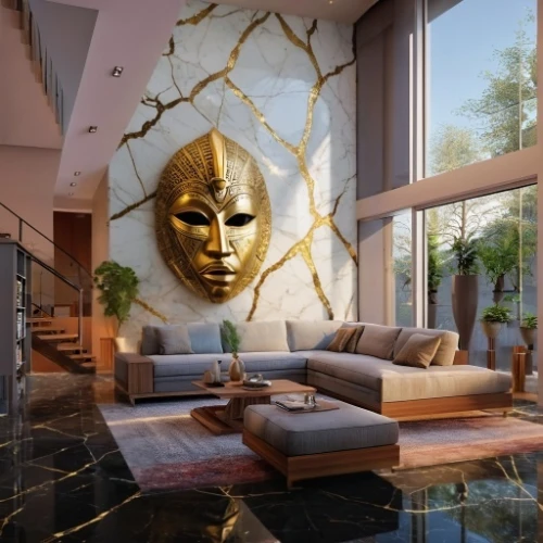 gold mask,golden mask,gold wall,3d rendering,interior modern design,modern decor,glass wall,great room,contemporary decor,luxury home interior,living room,gold leaf,modern living room,penthouse apartment,interior decoration,livingroom,gold stucco frame,interior design,gold paint stroke,interior decor