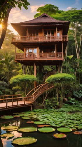 house with lake,stilt house,tropical house,golden pavilion,the golden pavilion,house by the water,stilt houses,ryokan,ginkaku-ji,asian architecture,tree house hotel,lotus pond,floating huts,floating island,floating islands,eco hotel,japanese architecture,idyllic,wooden house,japanese garden,Photography,General,Natural