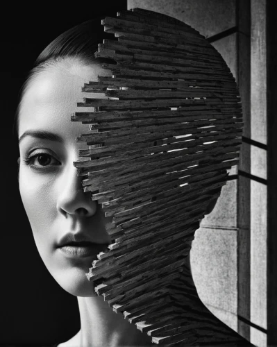 paper art,woman thinking,pencil art,clothespins,photomontage,kinetic art,conceptual photography,facets,woman sculpture,surrealism,fragility,wood mirror,3d bicoin,woman face,reflector,head woman,art deco woman,illusion,double exposure,steel sculpture,Photography,Black and white photography,Black and White Photography 07