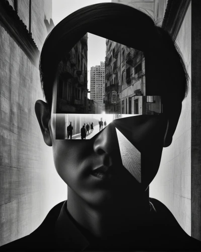 double exposure,virtual identity,photo manipulation,photomanipulation,parallel worlds,photomontage,panopticon,3d man,cyclops,see no evil,optical ilusion,blindfold,the illusion,magnifier,dystopian,surrealism,escher,unreality,perception,illusion,Photography,Black and white photography,Black and White Photography 07