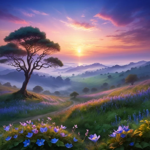 meadow landscape,landscape background,purple landscape,fantasy landscape,beautiful landscape,nature landscape,landscapes beautiful,landscape nature,blooming field,lavender field,full hd wallpaper,mushroom landscape,splendor of flowers,springtime background,natural landscape,spring morning,meadow in pastel,flower field,flowering meadow,field of flowers,Illustration,Realistic Fantasy,Realistic Fantasy 01