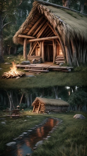 iron age hut,hobbiton,ancient house,wooden hut,hobbit,log cabin,summer cottage,small cabin,3d render,traditional house,fairy house,cottage,home landscape,straw hut,render,house in the forest,huts,little house,thatched cottage,log home
