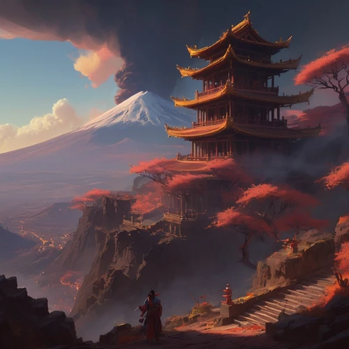 fantasy landscape,japan landscape,ancient city,chinese temple,world digital painting,chinese clouds,pagoda,japanese background,oriental,high landscape,tigers nest,stone pagoda,yunnan,meteora,volcanic landscape,asian architecture,ancient buildings,hanging temple,roof landscape,forbidden palace,Conceptual Art,Fantasy,Fantasy 01