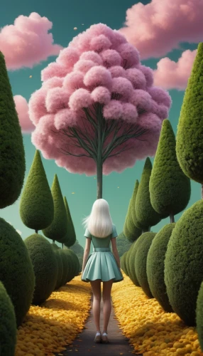 girl with tree,mushroom landscape,cloud mushroom,the girl next to the tree,wonderland,tree mushroom,cartoon forest,world digital painting,3d fantasy,dream world,children's background,surrealism,forest of dreams,surrealistic,tree grove,cumulus,tree thoughtless,fantasy picture,magic tree,fairy forest,Photography,Artistic Photography,Artistic Photography 11