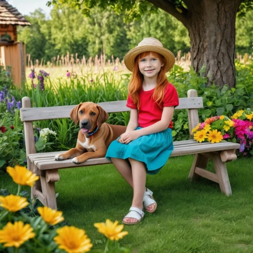 girl with dog,redbone coonhound,girl in the garden,girl in flowers,bavarian mountain hound,girl and boy outdoor,beautiful girl with flowers,garden bench,english coonhound,dog photography,girl picking flowers,pet vitamins & supplements,boy and dog,little girl in pink dress,countrygirl,child in park,red bench,dog-photography,country dress,little boy and girl,Photography,General,Realistic