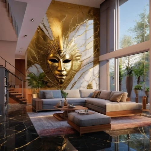 gold mask,golden mask,modern decor,gold wall,modern living room,living room,interior modern design,luxury home interior,great room,livingroom,3d rendering,penthouse apartment,contemporary decor,apartment lounge,interior design,glass wall,beautiful home,interior decor,modern room,interior decoration