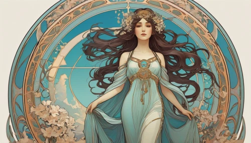 mucha,art nouveau,art nouveau design,priestess,sorceress,dryad,jasmine,jasmine blossom,elven flower,water-the sword lily,the enchantress,rusalka,fairy tale character,elven,fairy queen,jasmine blue,faerie,oriental princess,amano,art nouveau frame,Illustration,Retro,Retro 03