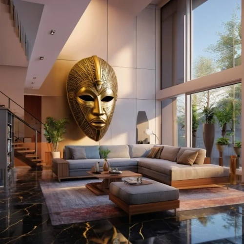 gold mask,golden mask,luxury home interior,modern decor,penthouse apartment,interior modern design,great room,contemporary decor,living room,modern living room,luxury property,livingroom,crib,interior design,interior decor,african masks,3d rendering,apartment lounge,gold wall,interior decoration