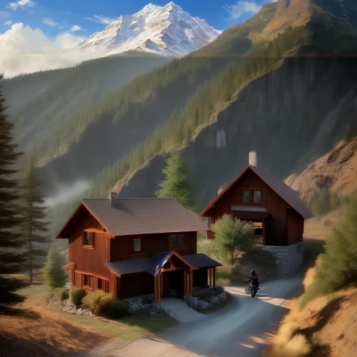 house in mountains,house in the mountains,alpine village,mountain huts,the cabin in the mountains,mountain hut,mountain village,mountain settlement,mountain scene,ski resort,alpine hut,mountain valley,log cabin,mountain station,mountain landscape,salt meadow landscape,world digital painting,log home,home landscape,vail