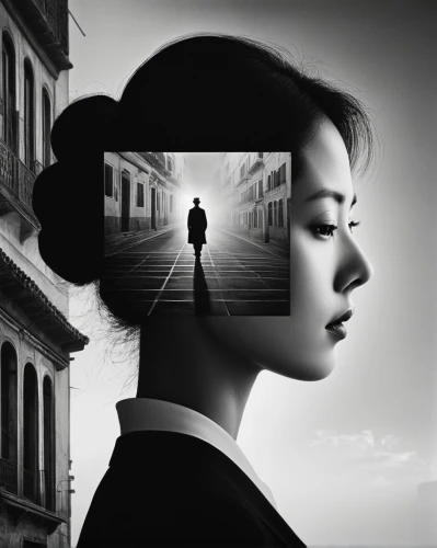 photo manipulation,woman thinking,woman silhouette,photomanipulation,photomontage,surrealism,film noir,image manipulation,parallel worlds,conceptual photography,distant vision,girl walking away,the illusion,janome chow,han thom,photoshop manipulation,parallel world,virtual identity,woman walking,asian vision,Photography,Black and white photography,Black and White Photography 07