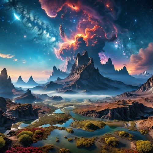 fantasy landscape,volcanic landscape,alien planet,fantasy picture,alien world,fractal environment,volcanic field,terraforming,lunar landscape,fantasy art,mushroom landscape,planet alien sky,3d fantasy,fire planet,futuristic landscape,pillars of creation,virtual landscape,valley of the moon,planet eart,fantasy world,Photography,General,Realistic