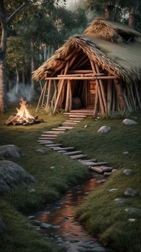 iron age hut,summer cottage,ancient house,small cabin,3d render,render,log cabin,campfires,wooden hut,neolithic,wigwam,home landscape,hobbit,straw hut,log home,huts,yurts,campfire,cottage,tent at woolly hollow