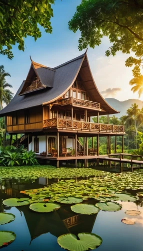 house with lake,asian architecture,golden pavilion,house by the water,the golden pavilion,stilt house,japanese architecture,tropical house,lotus pond,inle lake,wooden house,lotus on pond,stilt houses,thai temple,home landscape,kerala,beautiful home,ginkaku-ji,srilanka,backwaters,Photography,General,Realistic