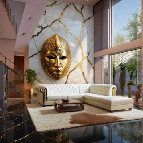 gold mask,golden mask,contemporary decor,luxury home interior,modern decor,gold wall,interior decor,gold stucco frame,golden buddha,interior modern design,interior decoration,largest hotel in dubai,hotel lobby,great room,luxury hotel,gold leaf,interior design,living room,luxury property,penthouse apartment