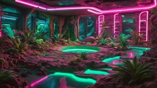 ufo interior,alien world,futuristic landscape,neon ghosts,alien planet,acid lake,virtual landscape,jungle,3d render,3d fantasy,neon coffee,neon tea,vapor,neon drinks,neon arrows,patrol,3d background,aaa,pink green,neon,Photography,General,Natural