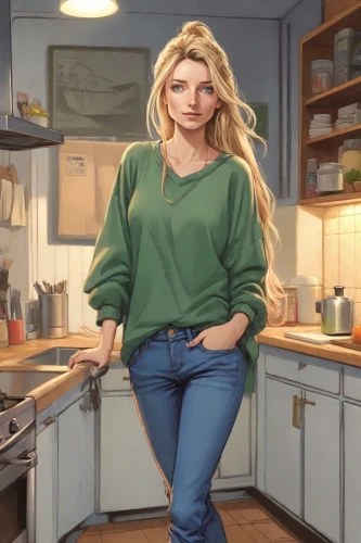 girl in the kitchen,domestic,blonde woman,housewife,cooking book cover,big kitchen,homemaker,girl with bread-and-butter,woman holding pie,kitchen work,girl at the computer,girl with cereal bowl,star kitchen,woman drinking coffee,painting technique,cleaning woman,woman at cafe,the kitchen,kitchen,kitchen table,Digital Art,Comic