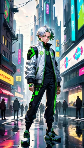 cyberpunk,cyber,patrol,world digital painting,wasabi,sci fiction illustration,futuristic,high-visibility clothing,time square,pedestrian,android,cyber glasses,lime,3d man,neon,light year,harajuku,streampunk,scifi,killua hunter x,Anime,Anime,Cartoon