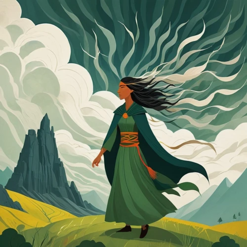 mulan,the wanderer,little girl in wind,wind warrior,mountain spirit,the spirit of the mountains,jrr tolkien,wanderer,sci fiction illustration,elven,the enchantress,wander,winds,the wind from the sea,digital illustration,ear of the wind,druid,whirlwind,mother earth,cloak,Illustration,Vector,Vector 08