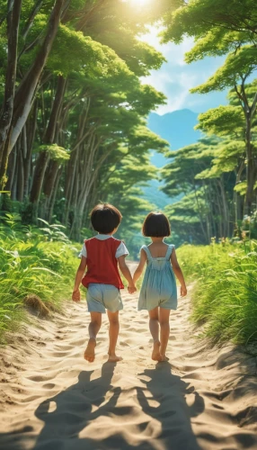 children's background,studio ghibli,little girls walking,girl and boy outdoor,little boy and girl,happy children playing in the forest,walk with the children,lilo,hand in hand,boy and girl,hold hands,forest walk,kids illustration,world digital painting,childhood friends,cartoon video game background,together,children's fairy tale,holding hands,cute cartoon image,Photography,General,Realistic