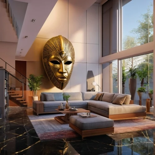 gold mask,golden mask,modern decor,penthouse apartment,interior modern design,great room,luxury home interior,living room,contemporary decor,3d rendering,modern living room,livingroom,interior decor,interior design,apartment lounge,modern room,gold wall,interior decoration,glass wall,luxury property
