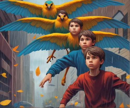 macaws,parrots,macaws blue gold,macaws of south america,flying birds,golden parakeets,sun conures,kids illustration,sci fiction illustration,rare parrots,passerine parrots,crying birds,the birds,pterodactyls,blue macaws,world digital painting,flock of birds,blue and yellow macaw,yellow macaw,young birds,Conceptual Art,Fantasy,Fantasy 09