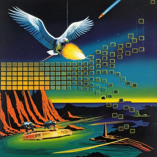 1982,1986,bird migration,neo-stone age,cyberspace,seagulls flock,space invaders,atari st,bird kingdom,synthesizers,bird in the sky,random access memory,migrate,1980s,flock of birds,asteroids,solar field,constellation swan,flock home,synthesizer,Conceptual Art,Sci-Fi,Sci-Fi 18