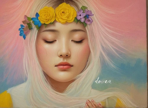 oil painting on canvas,girl in flowers,oil on canvas,oil painting,flower painting,mystical portrait of a girl,choi kwang-do,asian woman,芦ﾉ湖,soft pastel,kaew chao chom,sakura blossom,art painting,asian vision,falling flowers,korean culture,oil paint,acrylic,chinese art,aura,Conceptual Art,Daily,Daily 03
