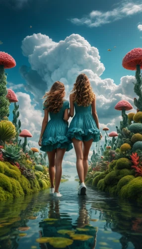 alice in wonderland,wonderland,mushroom landscape,fairy world,fantasy picture,world digital painting,3d fantasy,mushroom island,fairy forest,fairies aloft,little girls walking,parallel worlds,toadstools,fairies,dream world,fantasy art,fantasy world,forest of dreams,children's background,vintage fairies,Photography,General,Fantasy