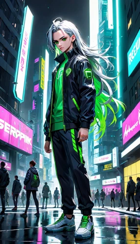 patrol,cyberpunk,high-visibility clothing,cyber,wasabi,neon,lime,shimada,cg artwork,shinjuku,frog background,would a background,anime japanese clothing,neon colors,android,squid game,windbreaker,cyber glasses,persona,shibuya,Anime,Anime,General