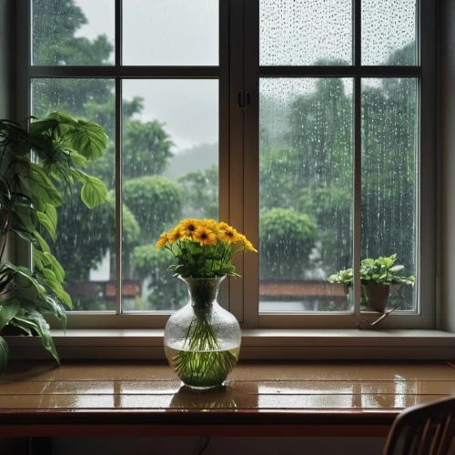 rain on window,windowsill,rainy day,window sill,sunflowers in vase,window view,window covering,bowl of fruit in rain,wooden windows,bay window,staying indoors,rainy weather,rainy,chrysanthemums,monsoon,front window,window,yellow chrysanthemums,rainy season,flower arrangement,Photography,General,Realistic