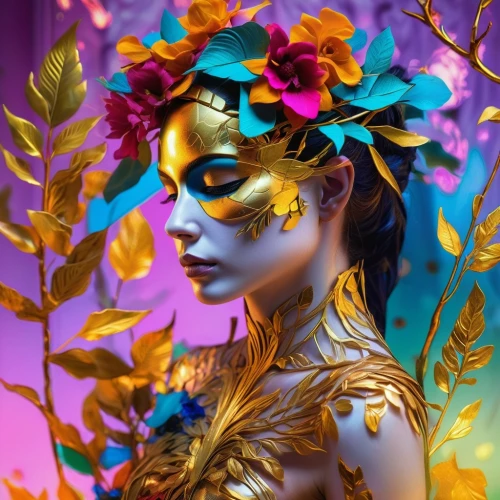 masquerade,fantasy portrait,golden flowers,golden lilac,golden wreath,dryad,neon body painting,fantasy art,faerie,faery,elven flower,bodypainting,golden crown,golden mask,bodypaint,gold foil mermaid,body painting,gold leaf,girl in flowers,gold filigree,Photography,Artistic Photography,Artistic Photography 08