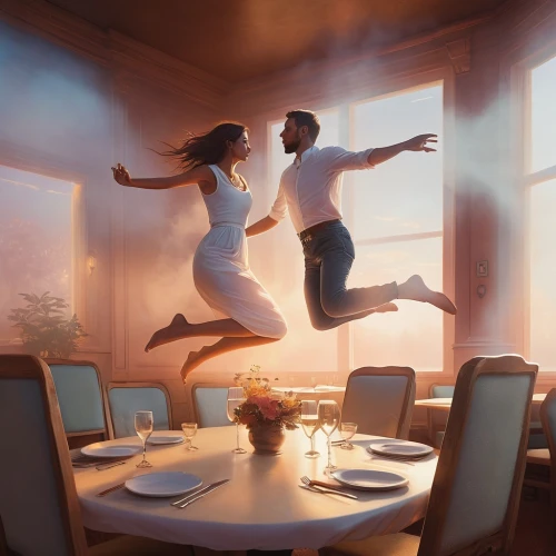 dancing couple,loving couple sunrise,leap for joy,salsa dance,dance with canvases,digital compositing,visual effect lighting,romantic scene,dancing,romantic dinner,dinner for two,cg artwork,sci fiction illustration,to dance,athletic dance move,movement tell-tale,flying food,game illustration,world digital painting,argentinian tango,Illustration,Paper based,Paper Based 01