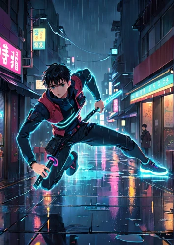 cyberpunk,2d,in the rain,walking in the rain,rainy,kayano,runner,tokyo,noodle image,mako,pedestrian,tokyo city,shanghai,cg artwork,80s,kai-lan,street sports,cyan,yukio,hong,Anime,Anime,Realistic