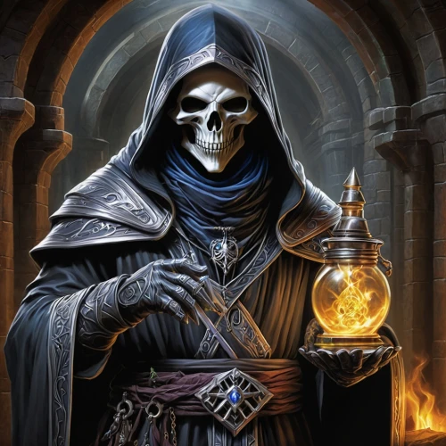 undead warlock,grimm reaper,grim reaper,candlemaker,dodge warlock,prejmer,reaper,death god,dance of death,magus,hooded man,flickering flame,skull bones,death's-head,archimandrite,vanitas,apothecary,magistrate,skeleltt,skeleton key,Conceptual Art,Fantasy,Fantasy 30