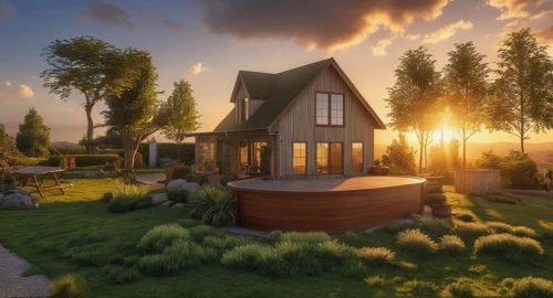 summer cottage,3d rendering,small cabin,inverted cottage,home landscape,wooden house,3d render,beautiful home,house by the water,country cottage,3d rendered,render,little house,cottage,small house,floating huts,summer house,mid century house,modern house,build a house,Photography,General,Realistic