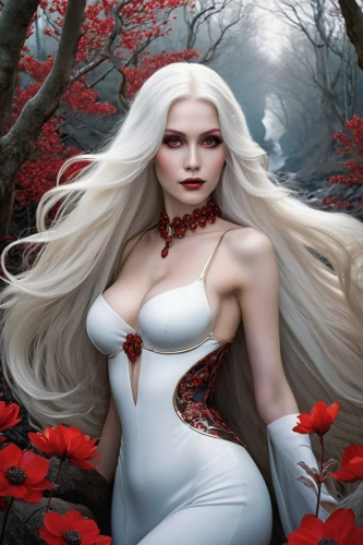 white rose snow queen,red magnolia,rose white and red,fantasy woman,fantasy art,white and red,fantasy picture,white magnolia,vampire woman,white lady,bleeding heart,vampire lady,elven flower,red berries,faery,black rose hip,fantasy portrait,the enchantress,faerie,red petals,Illustration,Abstract Fantasy,Abstract Fantasy 11