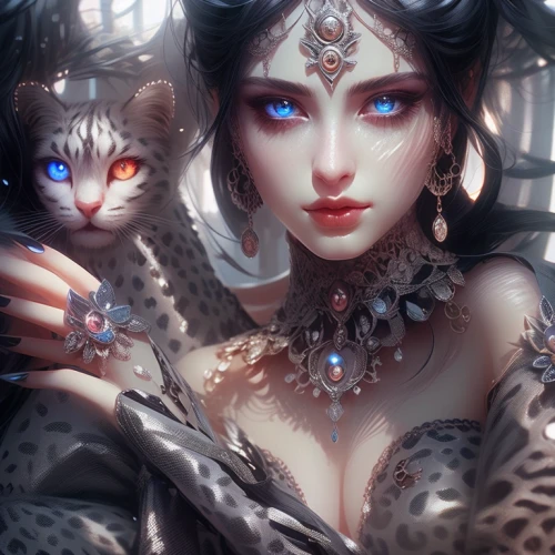 fantasy art,cat with blue eyes,blue enchantress,fantasy portrait,priestess,cat's eyes,blue eyes cat,blue eyes,sorceress,felines,feline look,feline,fantasy picture,golden eyes,cat eyes,cat lovers,oriental princess,jewels,the enchantress,blue eye