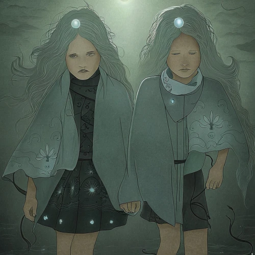 witches,undersea,sci fiction illustration,gemini,spirits,sirens,mermaids,two girls,deep sea,ghosts,mirror of souls,neon ghosts,meridians,angels of the apocalypse,submerge,opposites,book illustration,gothic portrait,exploration of the sea,two wolves,Illustration,Realistic Fantasy,Realistic Fantasy 17