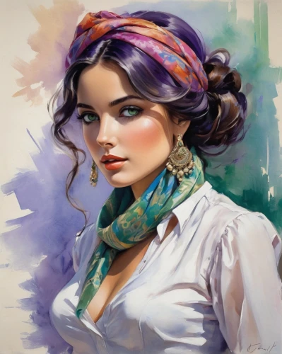 watercolor women accessory,boho art,italian painter,fantasy portrait,romantic portrait,fantasy art,vintage woman,art painting,young woman,headscarf,girl portrait,world digital painting,mystical portrait of a girl,photo painting,oil painting,fashion illustration,gypsy soul,vintage girl,victorian lady,woman portrait,Conceptual Art,Oil color,Oil Color 10