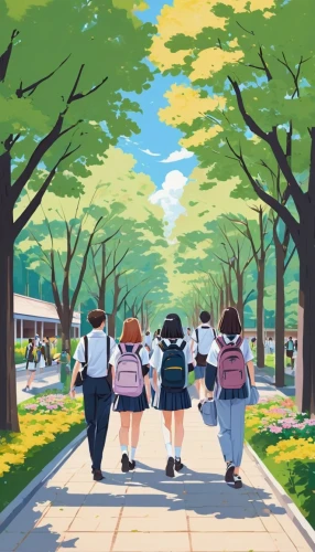 studio ghibli,sakura trees,stroll,walk,sakura background,japanese sakura background,walk in a park,people walking,kyoto,street scene,tsumugi kotobuki k-on,promenade,shopping street,summer day,harajuku,strolling,avenue,sakura branch,sidewalk,cartoon forest,Illustration,Japanese style,Japanese Style 06