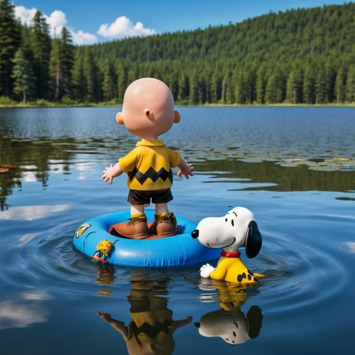 baby float,summer floatation,raft,inflatable boat,snoopy,popeye,peanuts,rafting,raft guide,canoeing,white water inflatables,perched on a log,personal water craft,floating over lake,toy's story,digital compositing,life raft,paddling,lifebuoy,the man in the water