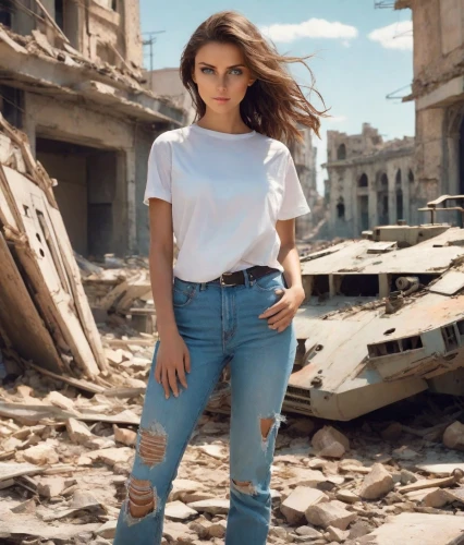 photo session in torn clothes,jeans background,sofia,rubble,ripped jeans,demolition,havana,selena gomez,model-a,white shirt,kenya,girl in t-shirt,torn shirt,cotton top,destroyed city,in a shirt,jeans,young model istanbul,georgia,denim background,Photography,Realistic