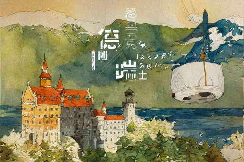 studio ghibli,travel poster,panoramical,graf-zepplin,cablecar,my neighbor totoro,hokkaido,paper ship,khokhloma painting,gondola,fukushima,shirakami-sanchi,camera illustration,airships,japan landscape,gunkanjima,nagasaki,bergen,diving gondola,airship,Illustration,Realistic Fantasy,Realistic Fantasy 12