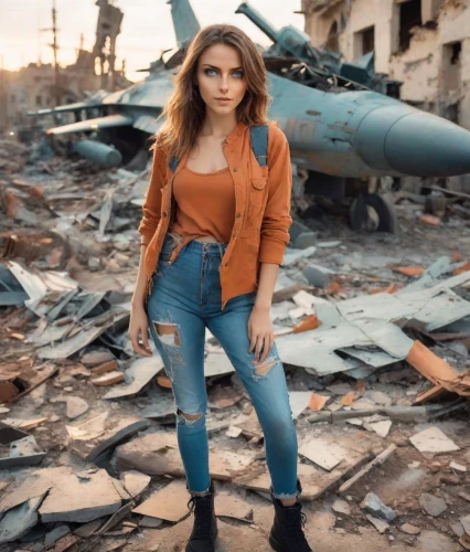 photo session in torn clothes,sofia,young model istanbul,fighter pilot,girl in a historic way,scrapyard,supersonic fighter,girl with gun,on the ground,post apocalyptic,strong woman,syrian,wasteland,bombed,girl with a gun,girl in overalls,lada,iranian,zenit,destroyed city,Photography,Realistic